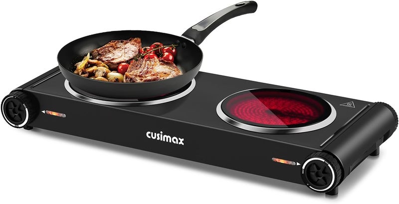 CUSIMAX لوحة ساخنة للطهي، 1800 واط موقد مزدوج بالأشعة تحت الحمراء، موقد كهربائي محمول مع تحكم في درجة الحرارة القابلة للتعديل، لوحة ساخنة من الزجاج السيراميكي للمبيت والمكتب والمنزل والتخييم، ستانلس ستيل أسود - Image 1